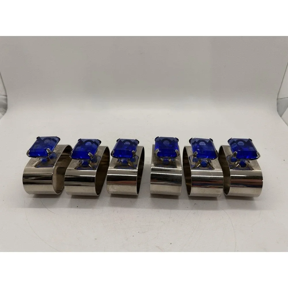 Set of 6 Vintage Audrey Hong Kong Blue Crystal Silverplate Napkin Rings
